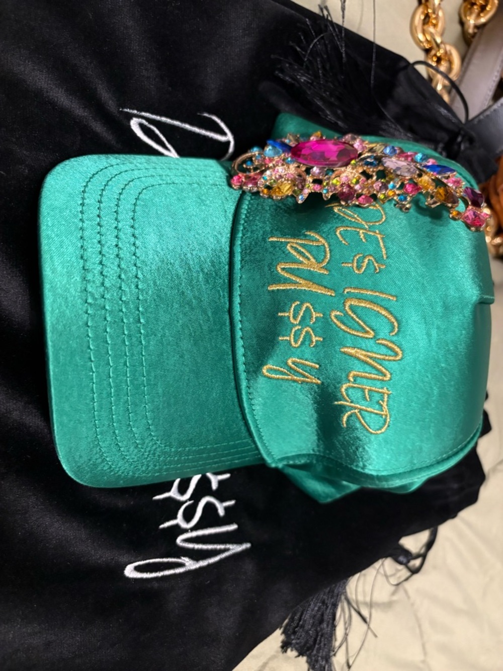 Emerald Satin Embellished Cap with Jeweled Brooch